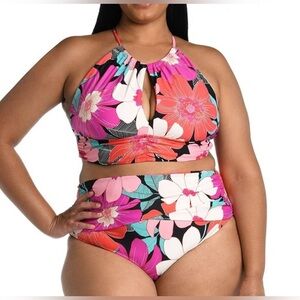 La Blanca Swimsuit High Neck Halter Top & Midkini Bottoms in Full Bloom Size 20W